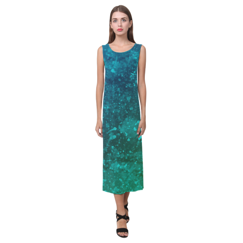 Blue and Green Abstract Phaedra Sleeveless Open Fork Long Dress (Model D08)