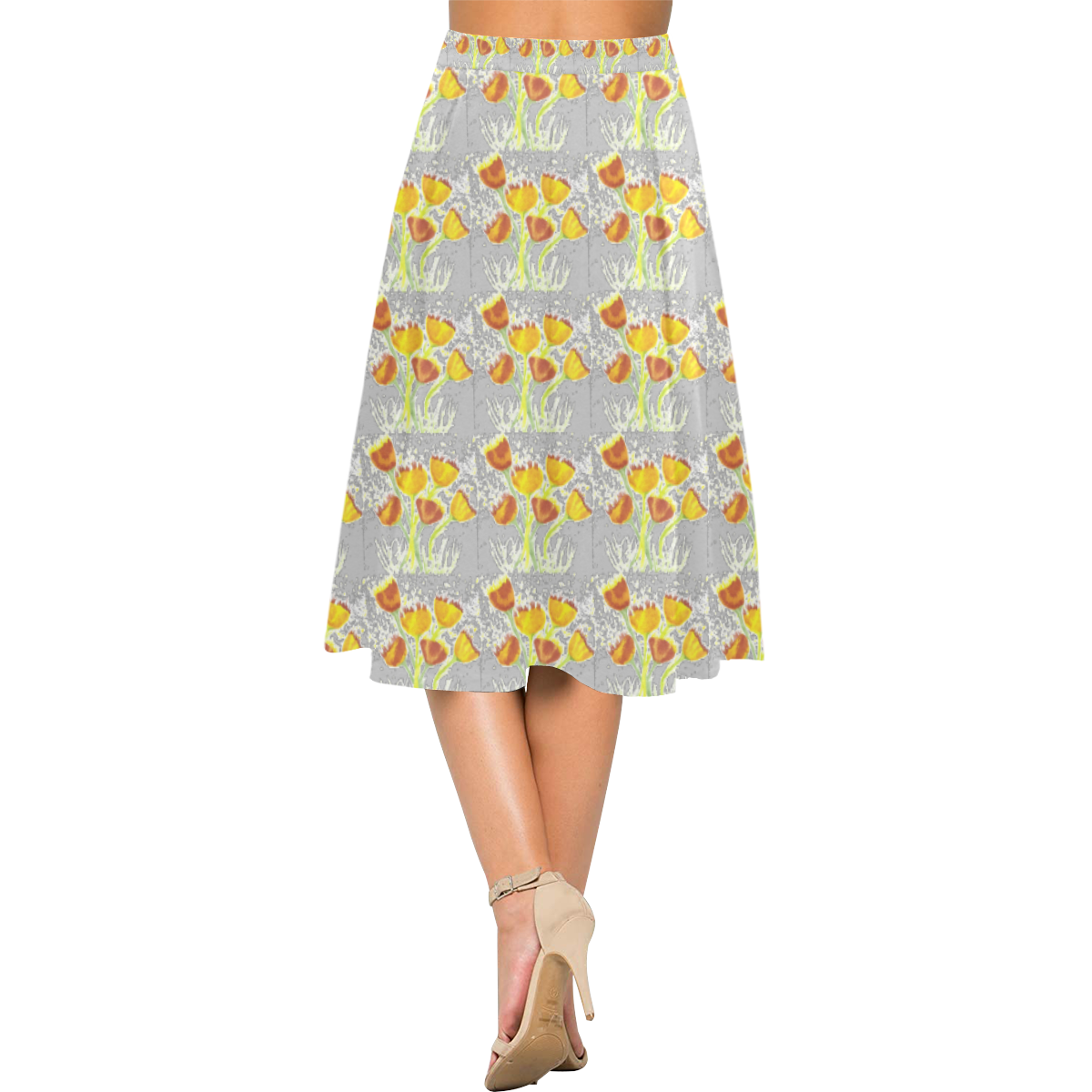 Stone Crepe Skirt With Yellow Poppies Aoede Crepe Skirt (Model D16)