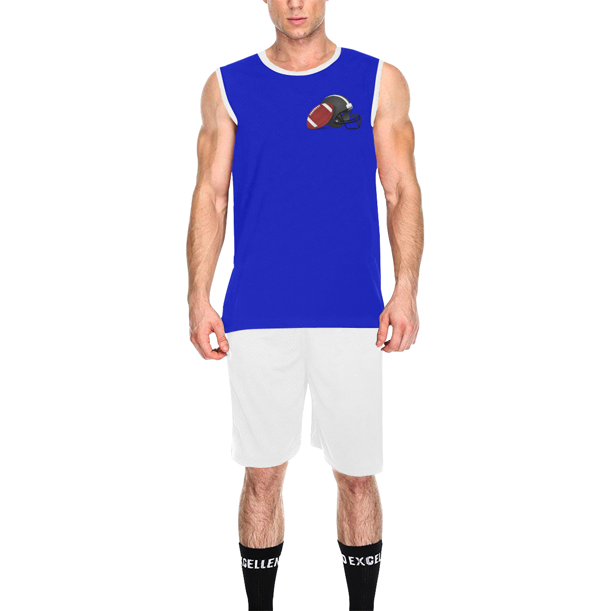 Football and Football Helmet Sports White and Blue All Over Print Basketball Uniform