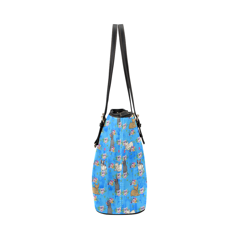Frenchies in Flowers Leather Tote Bag/Large (Model 1651)