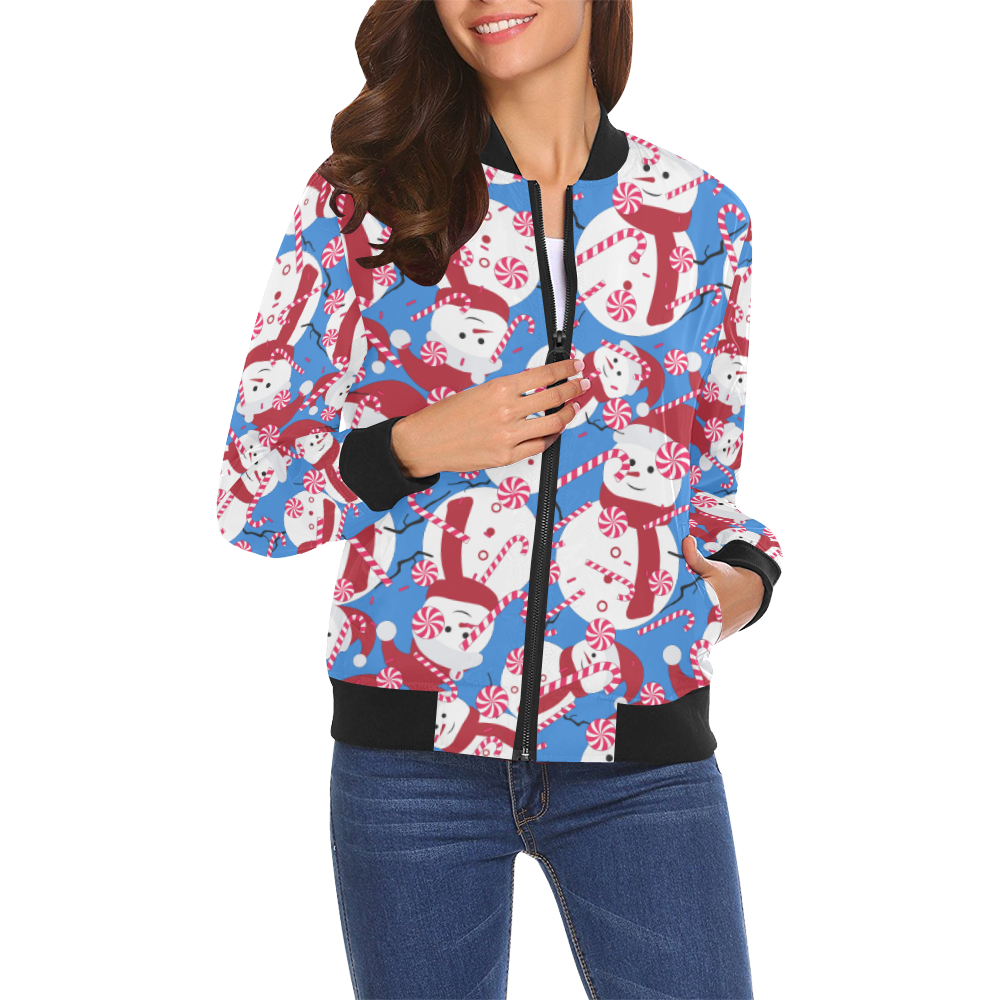 Candy Cane Santa Christmas Party BLUE All Over Print Bomber Jacket for Women (Model H19)