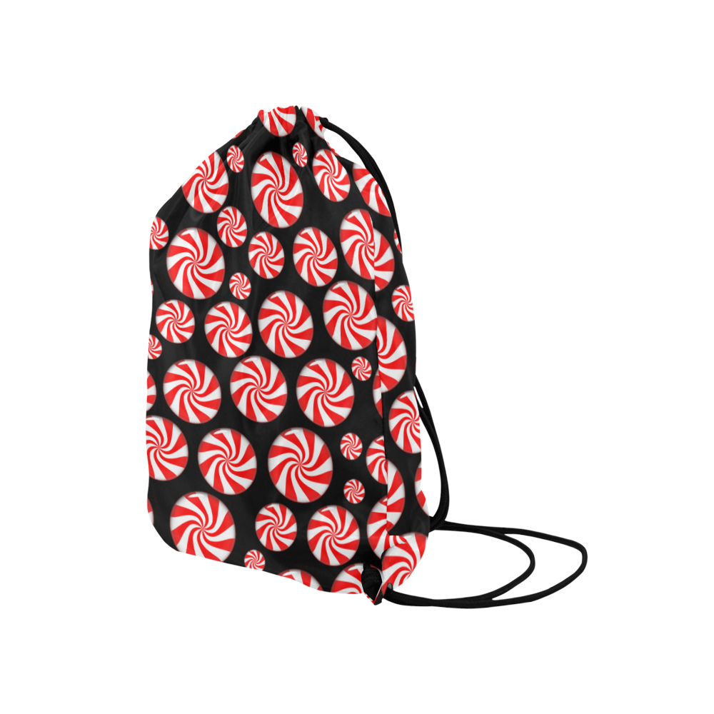 Christmas Peppermint Candy on Black Medium Drawstring Bag Model 1604 (Twin Sides) 13.8"(W) * 18.1"(H)
