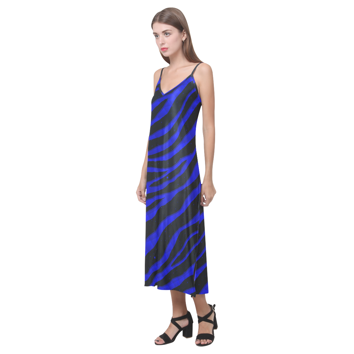 Ripped SpaceTime Stripes - Blue V-Neck Open Fork Long Dress(Model D18)