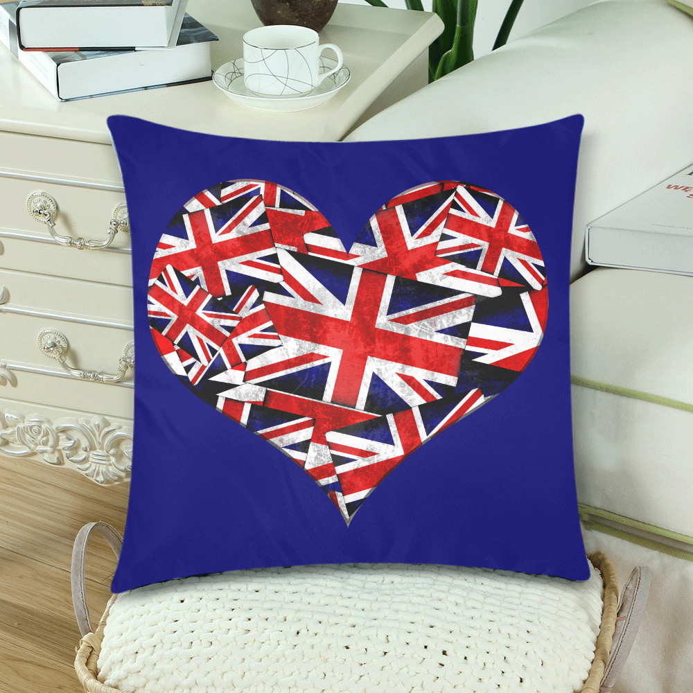 Union Jack British UK Flag Heart Blue Custom Zippered Pillow Cases 18"x 18" (Twin Sides) (Set of 2)