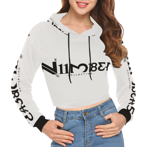 NUMBERS Collection LOGO White/Black All Over Print Crop Hoodie for Women (Model H22)