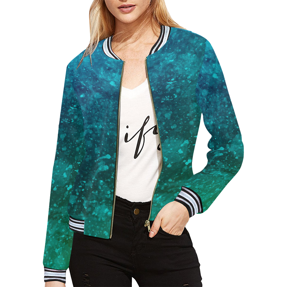 Blue and Green Abstract All Over Print Bomber Jacket for Women (Model H21)