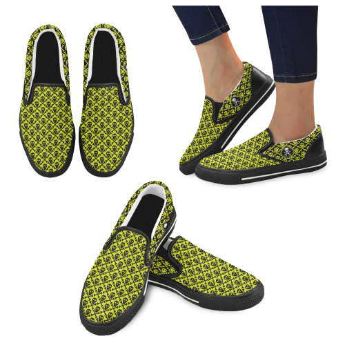 LADIES_SKULL_YEL_BLK Women's Unusual Slip-on Canvas Shoes (Model 019)