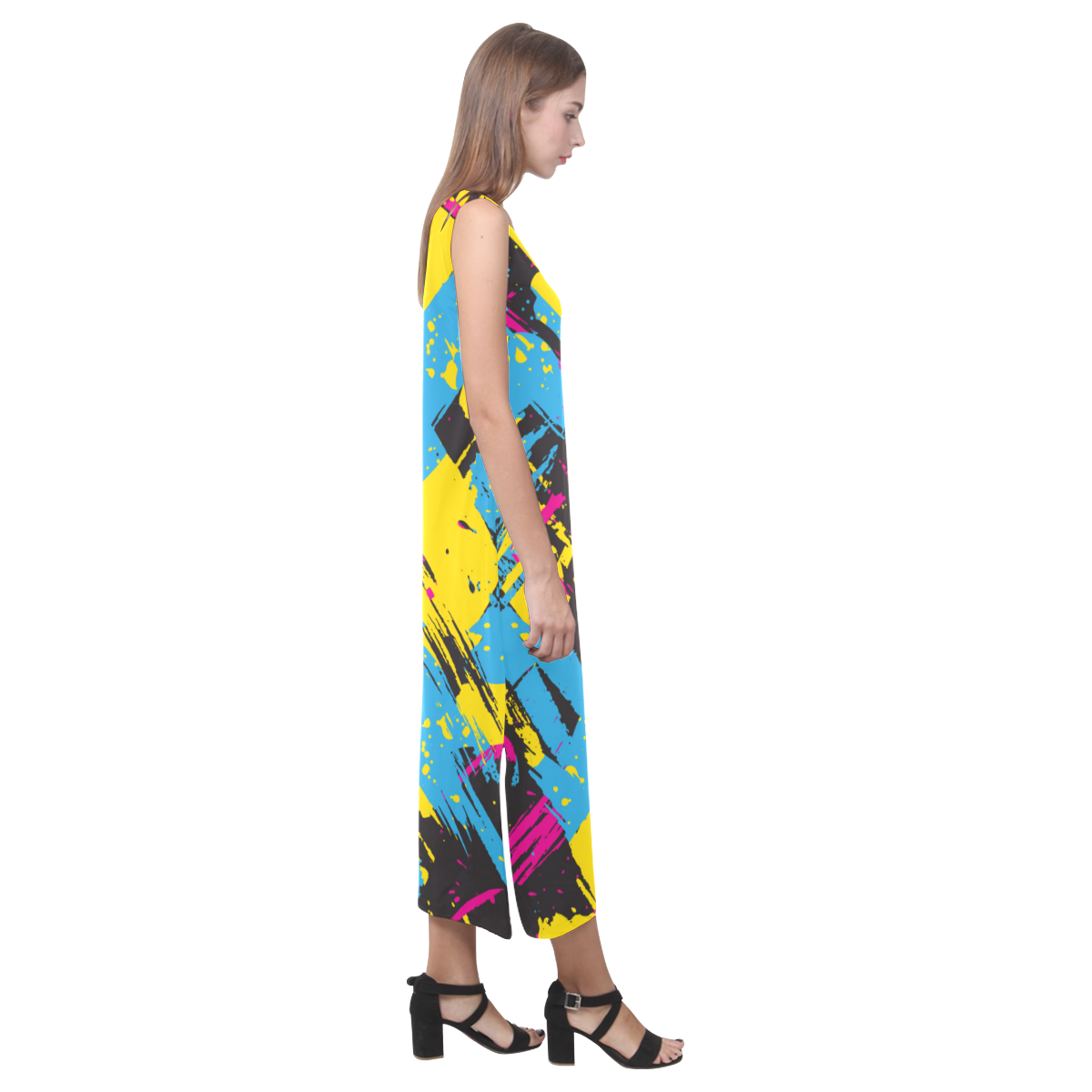 Colorful paint stokes on a black background Phaedra Sleeveless Open Fork Long Dress (Model D08)