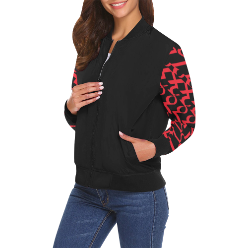 NUMBERS Collection 1234567 Black/Cherry Red All Over Print Bomber Jacket for Women (Model H19)