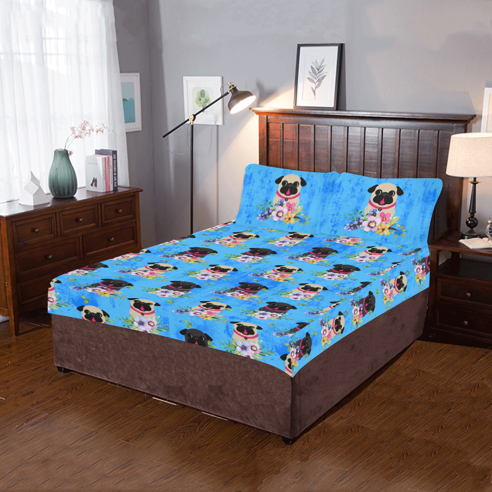 Pugs In Flowers Fawn 3-Piece Bedding Set