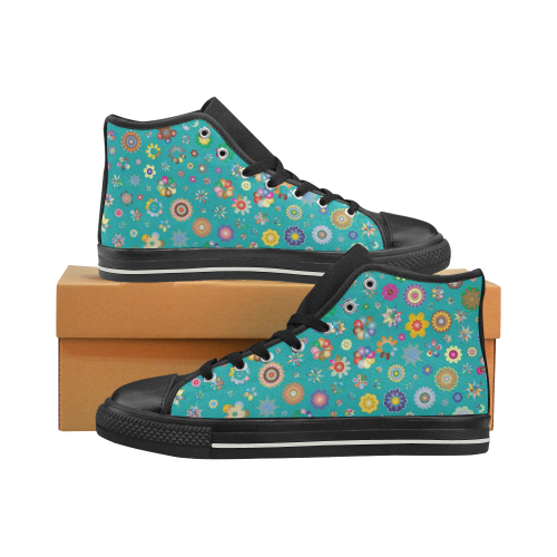 Abstract Flowers Teal Women's Classic High Top Canvas Shoes (Model 017)