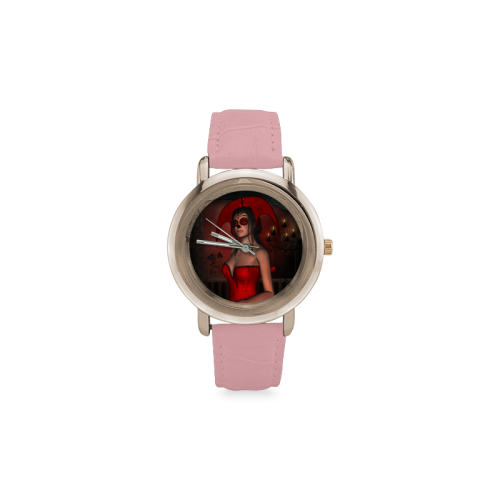 Awesome lady with sugar skull face Women's Rose Gold Leather Strap Watch(Model 201)