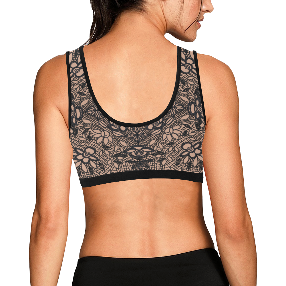Black Crocheted Lace Mandala Pattern tan Women's All Over Print Sports Bra (Model T52)