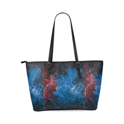 Alien Swirl Blue Red Tote Handbag. Leather Tote Bag/Large (Model 1640)