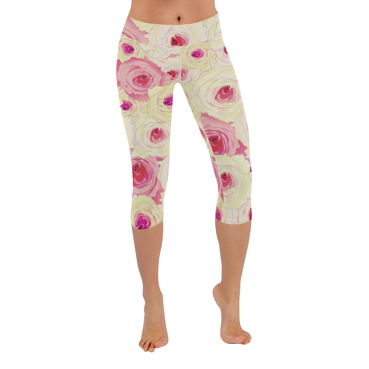 Pink and yellow tea roses Women's Low Rise Capri Leggings (Invisible Stitch) (Model L08)
