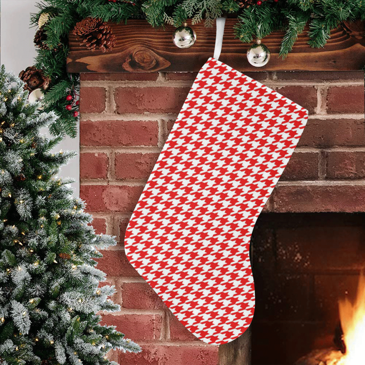 Friendly Houndstooth Pattern,red by FeelGood Christmas Stocking (Without Folded Top)