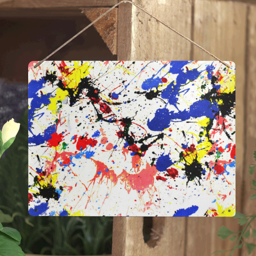 Blue and Red Paint Splatter Metal Tin Sign 16"x12"