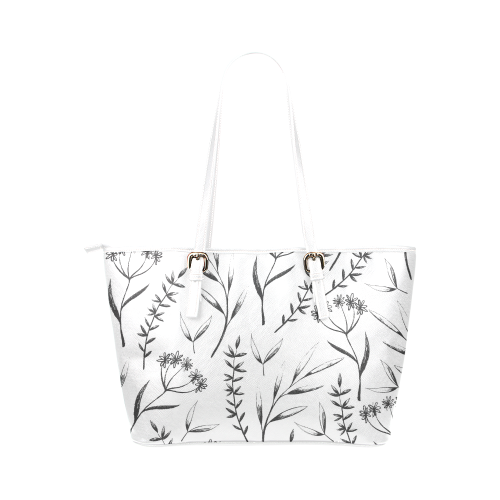 black white flowers Leather Tote Bag/Small (Model 1651)