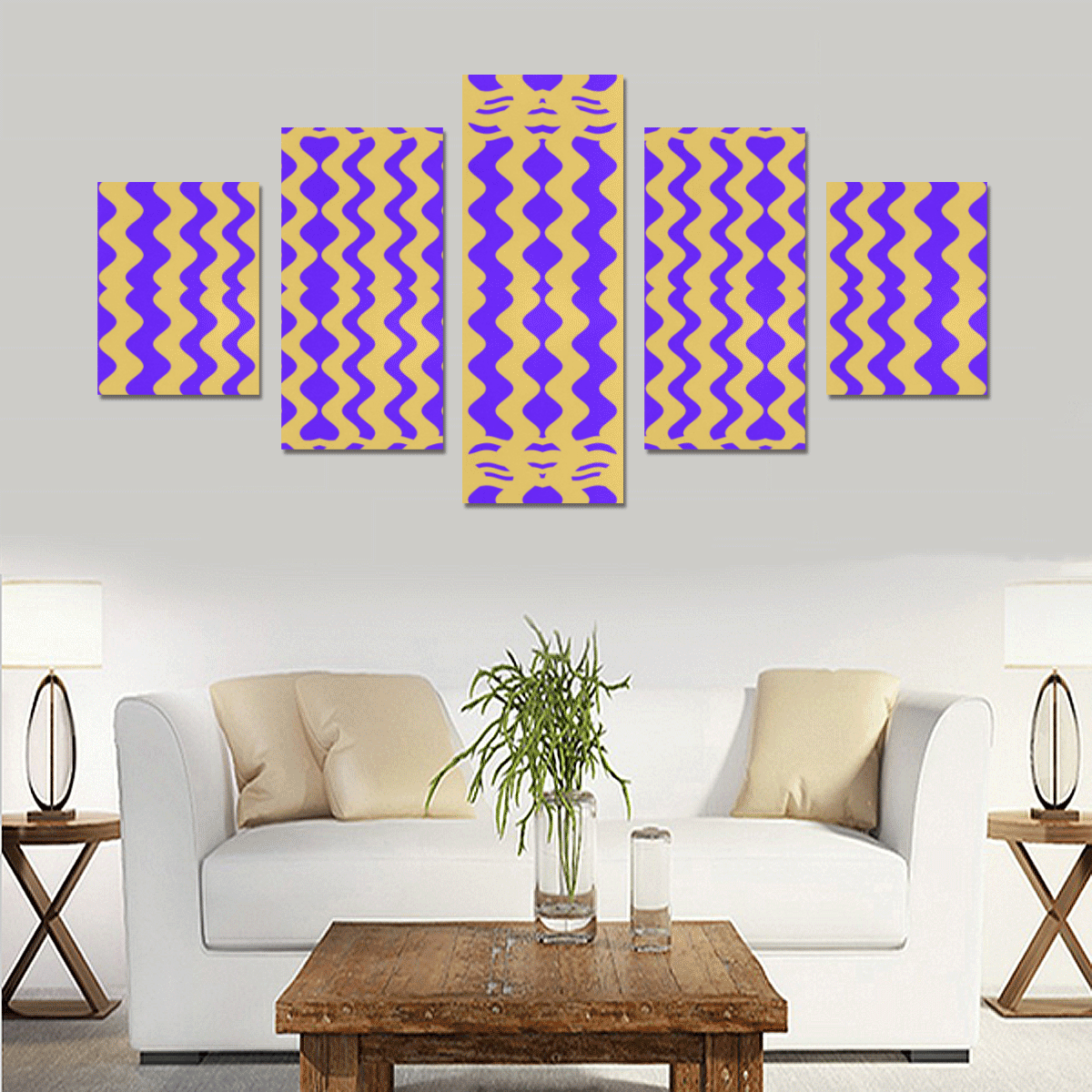 Purple Yellow Modern  Waves Lines Canvas Print Sets B (No Frame)