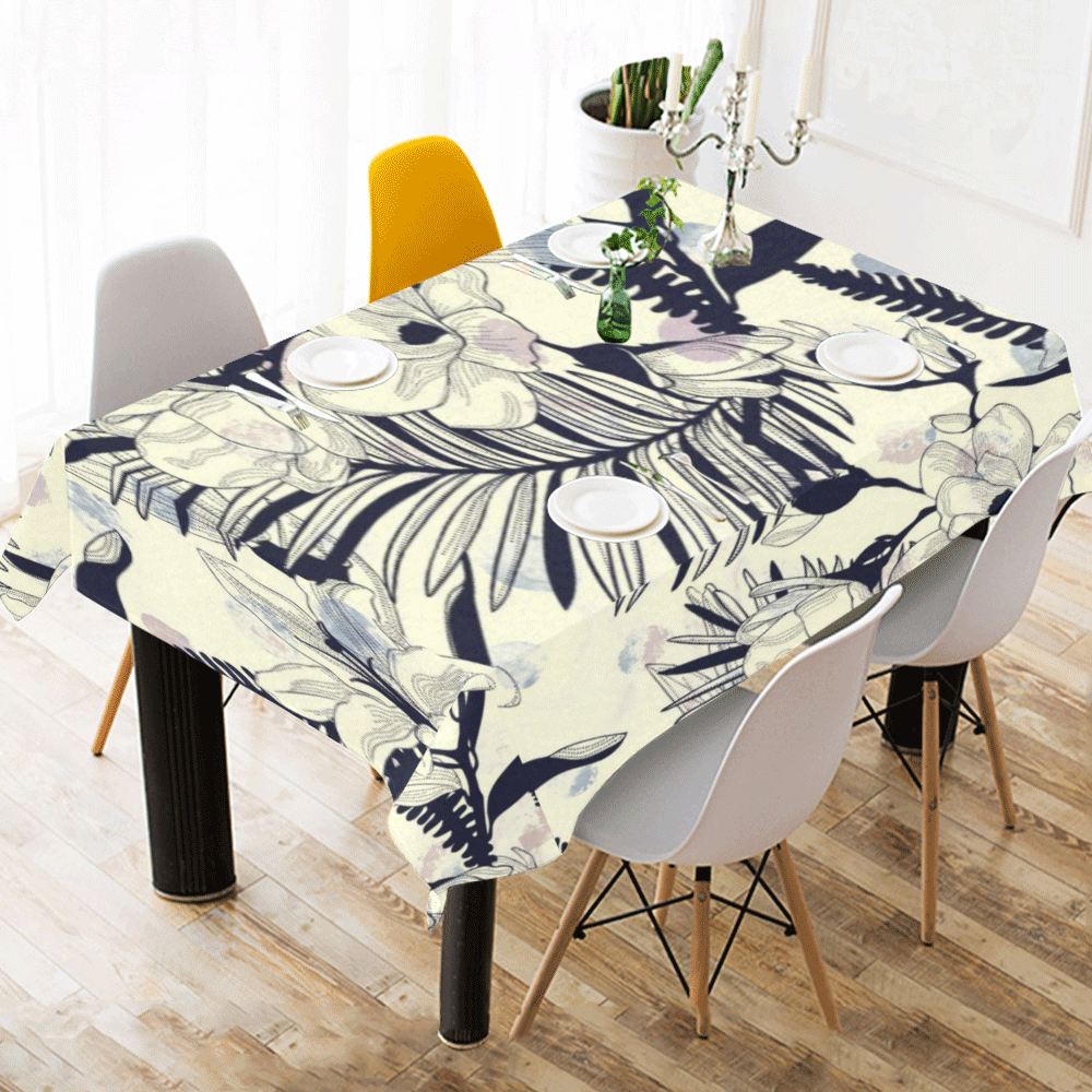 Navy Flowers Watercolor Polka Dots Cotton Linen Tablecloth 60" x 90"