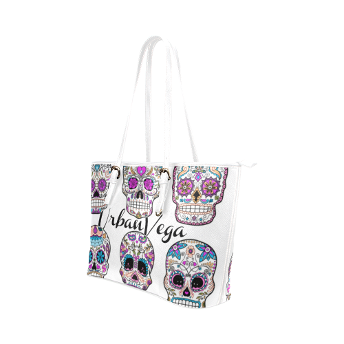 White with sugar skulls Leather Tote Bag/Large (Model 1651)