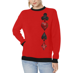 Las Vegas Black and Red Casino Poker Card Shapes  Black and Red Women's Rib Cuff Crew Neck Sweatshirt (Model H34)