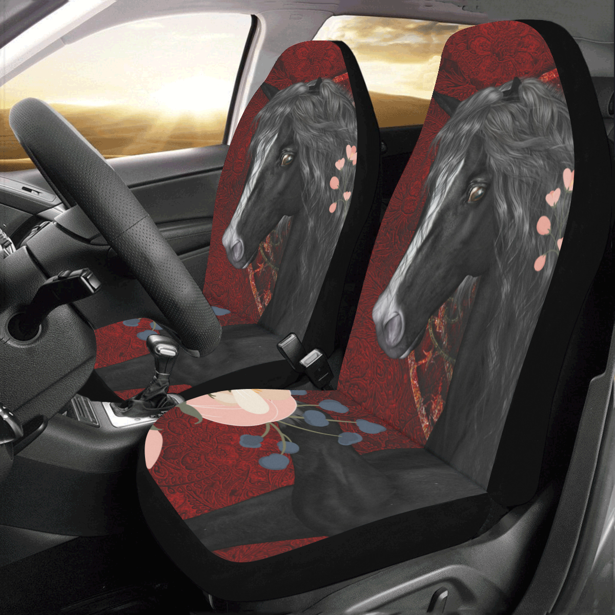 Black horse with flowers Car Seat Covers (Set of 2)