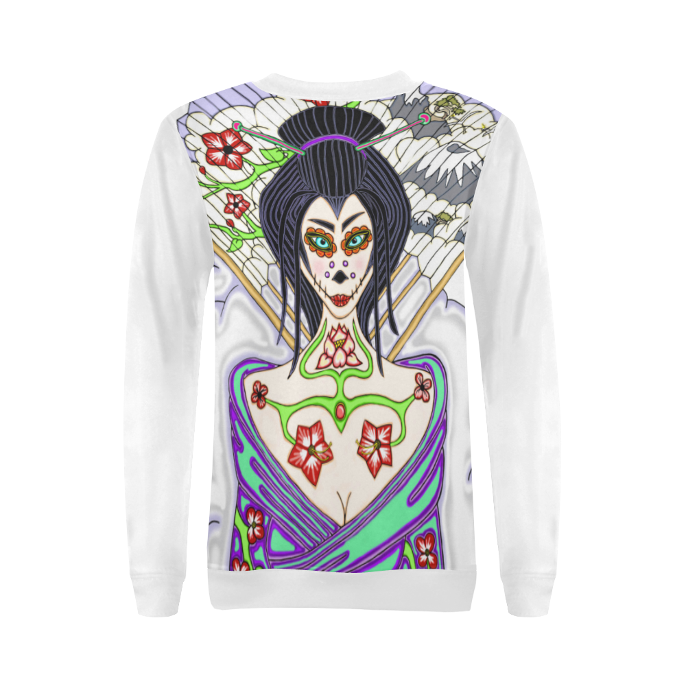 Geisha Sugar Skull White All Over Print Crewneck Sweatshirt for Women (Model H18)