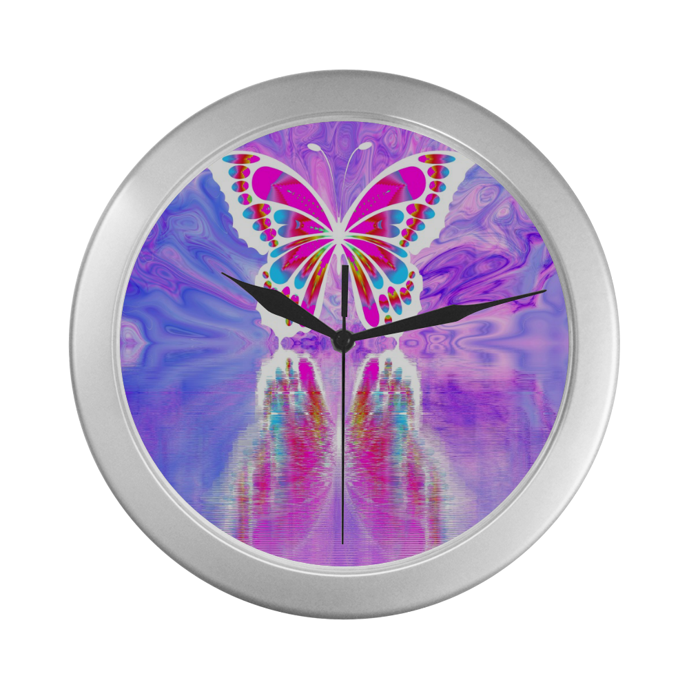 Silver Frame Wall Clock Classic Graphic Gradient Butterfly Style Modern Art Wall Clock Silver Color Wall Clock