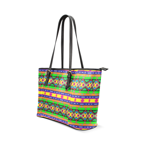 Distorted colorful shapes and stripes Leather Tote Bag/Large (Model 1640)