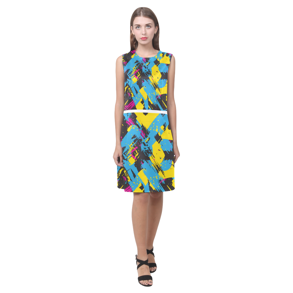 Colorful paint stokes on a black background Eos Women's Sleeveless Dress (Model D01)