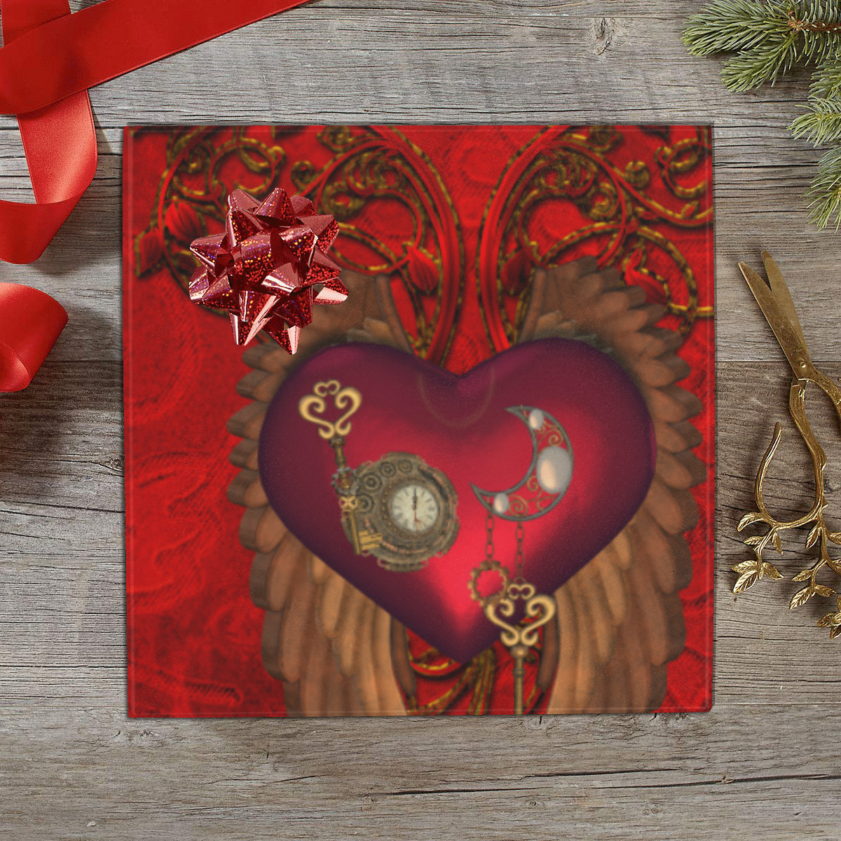 Beautiful heart, wings, clocks and gears Gift Wrapping Paper 58"x 23" (2 Rolls)