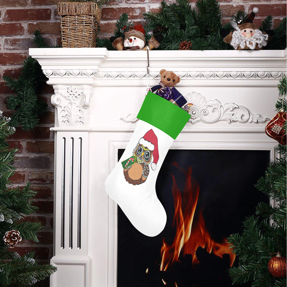 Christmas Owl White/Green Christmas Stocking