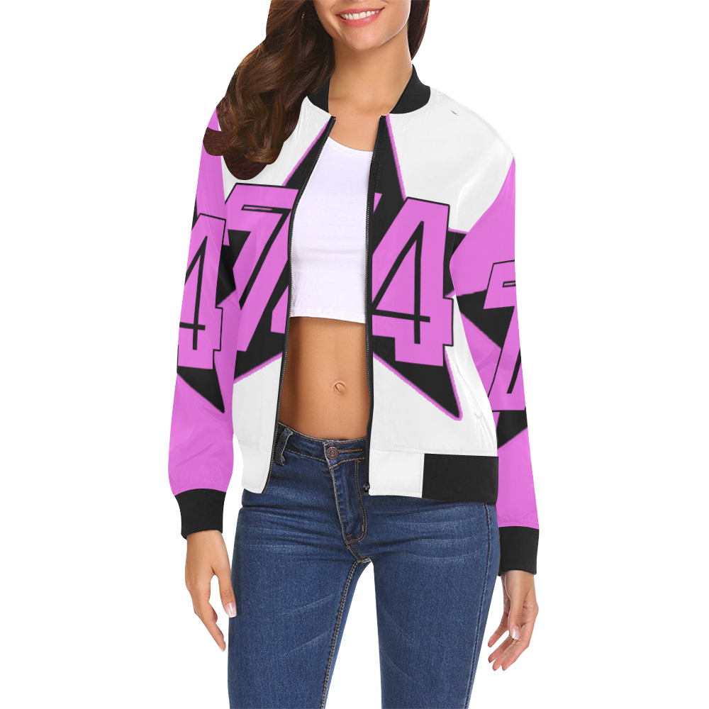 Ms Macc 5 Star III White/Pink All Over Print Bomber Jacket for Women (Model H19)