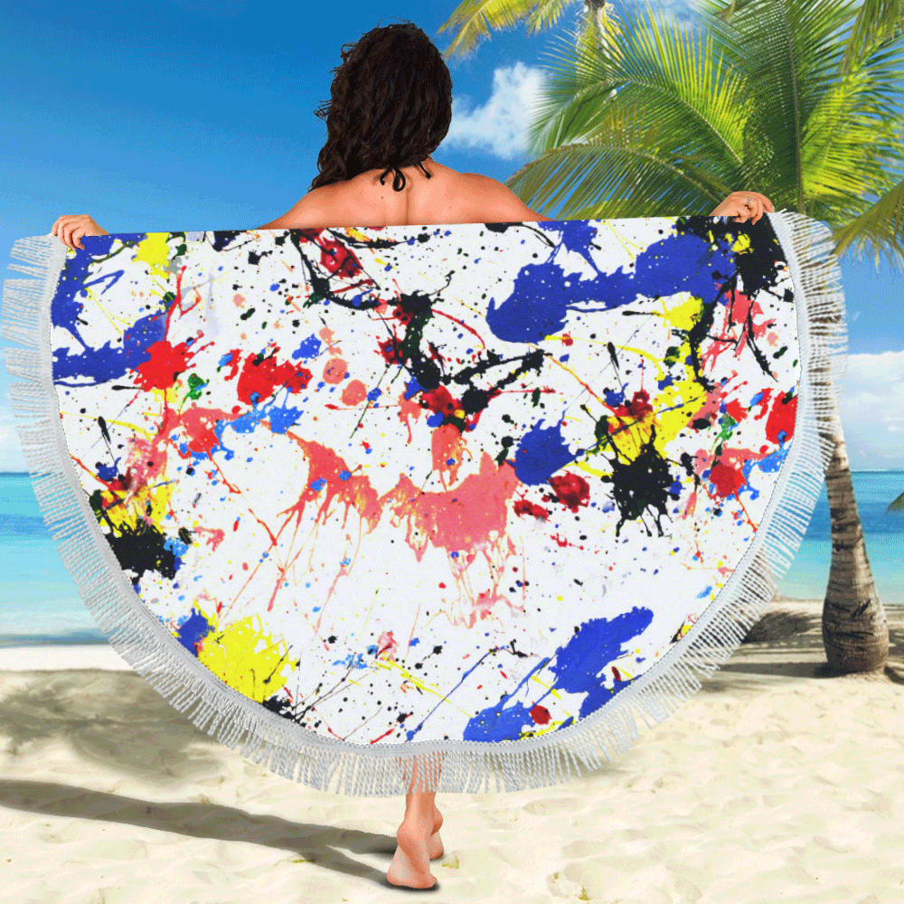 Blue and Red Paint Splatter Circular Beach Shawl 59"x 59"