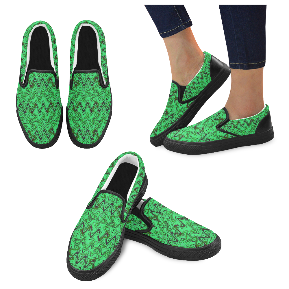 Green and Black Waves pattern design Women's Unusual Slip-on Canvas Shoes (Model 019)