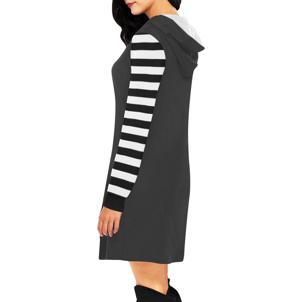 Black and White Stripes All Over Print Hoodie Mini Dress (Model H27)