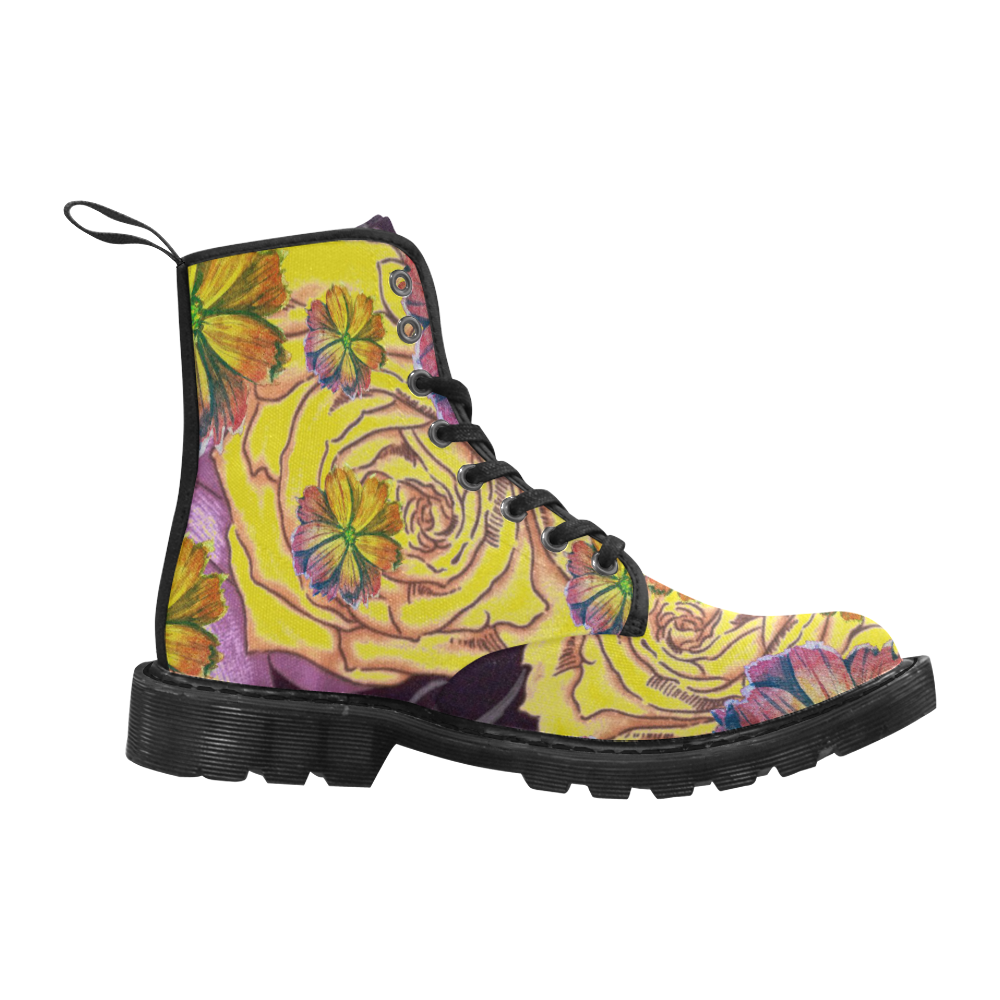 Watercolor Flowers Yellow Purple Green Martin Boots for Men (Black) (Model 1203H)