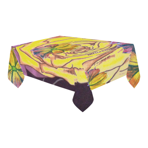 Watercolor Flowers Yellow Purple Green Cotton Linen Tablecloth 60" x 90"