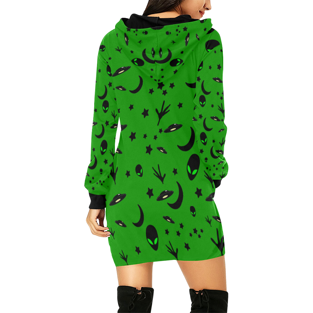 Alien Flying Saucers Stars Pattern on Green All Over Print Hoodie Mini Dress (Model H27)