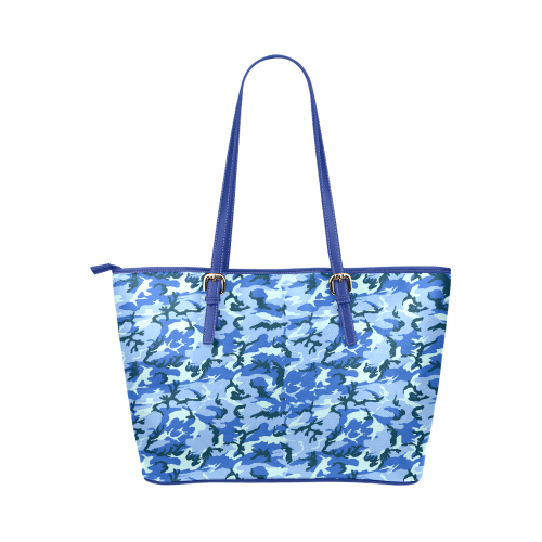 Woodland Blue Camouflage Leather Tote Bag/Large (Model 1651)
