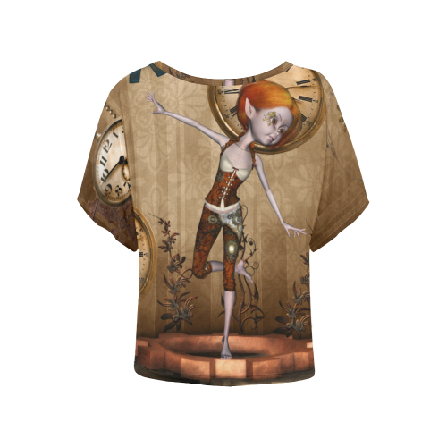 Steampunk girl, clocks and gears Women's Batwing-Sleeved Blouse T shirt (Model T44)