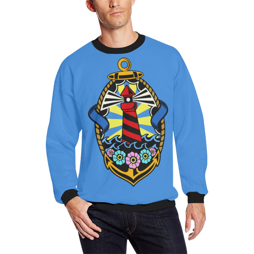 Lighthouse Modern Blue Men's Oversized Fleece Crew Sweatshirt/Large Size(Model H18)
