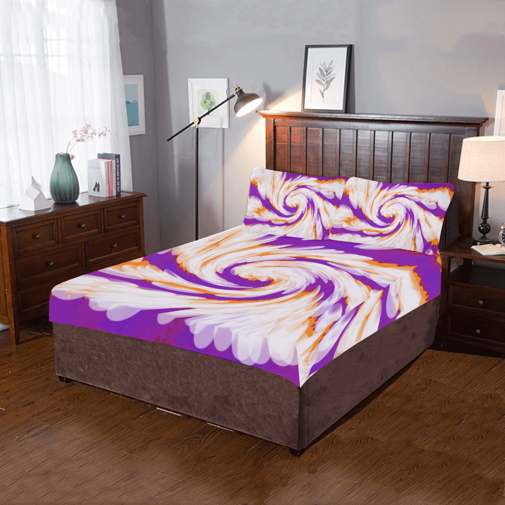 Purple Orange Tie Dye Swirl Abstract 3-Piece Bedding Set