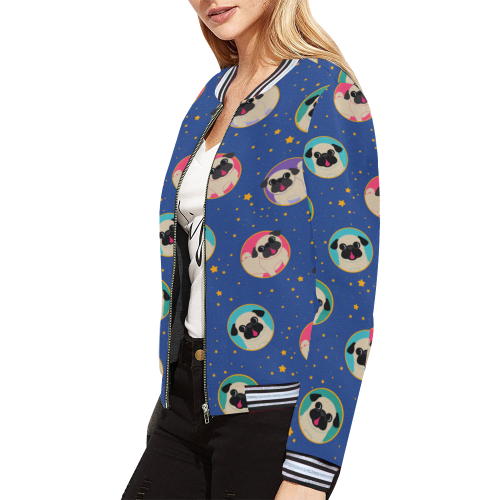 Fawn Pugs In Circles All Over Print Bomber Jacket for Women (Model H21)