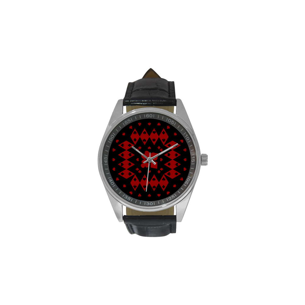 Black and Red Playing Card Shapes  (Black) Men's Casual Leather Strap Watch(Model 211)