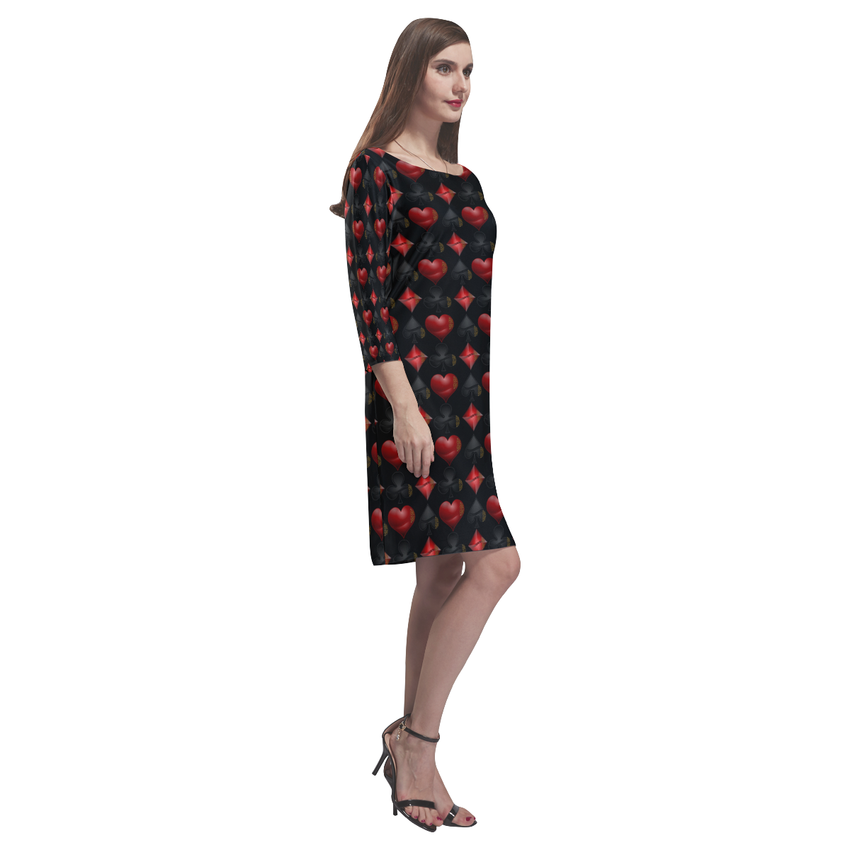 Black and Red Poker Casino Card Shapes on Black Rhea Loose Round Neck Dress(Model D22)