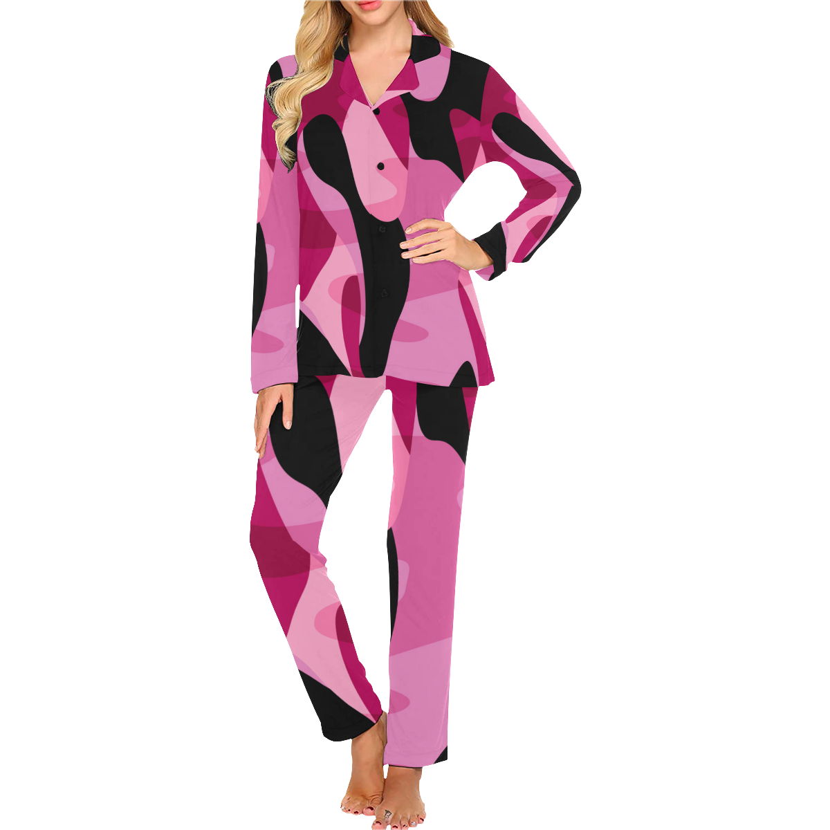 Pink and Black Women's Long Pajama Set