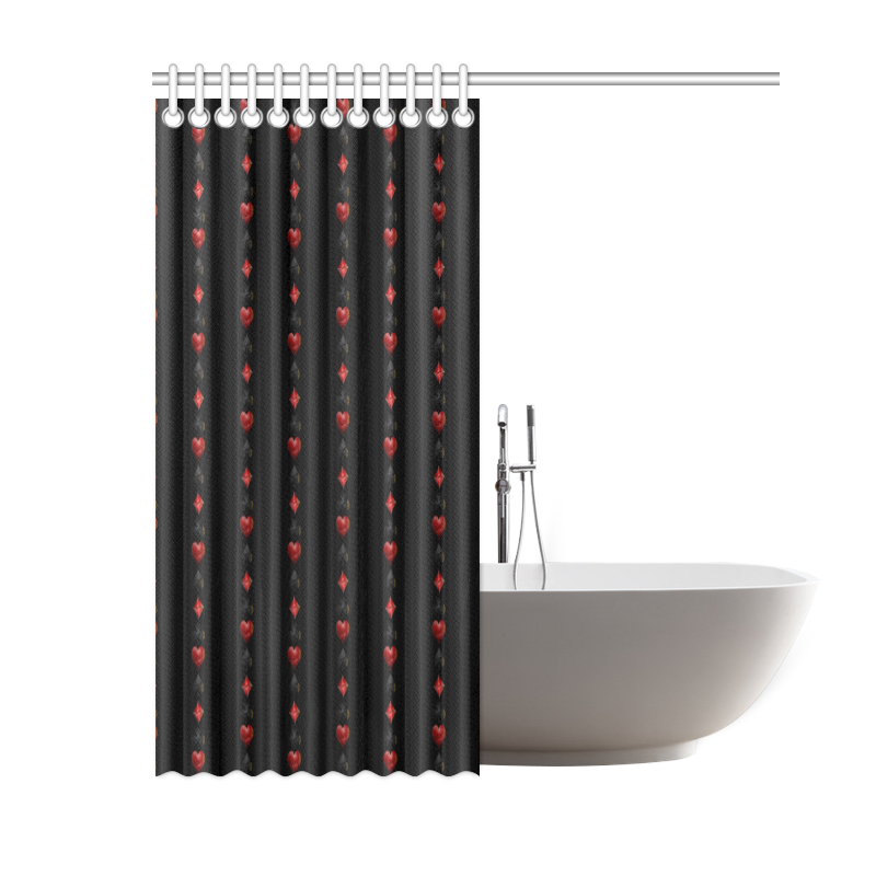 Las Vegas  Black and Red Casino Poker Card Shapes on Black Shower Curtain 60"x72"