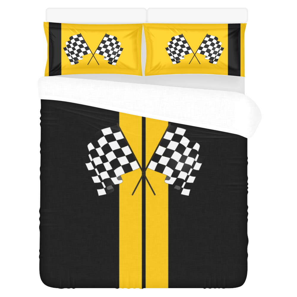 Race Car Stripe, Checkered Flags, Black and Yellow 3-Piece Bedding Set
